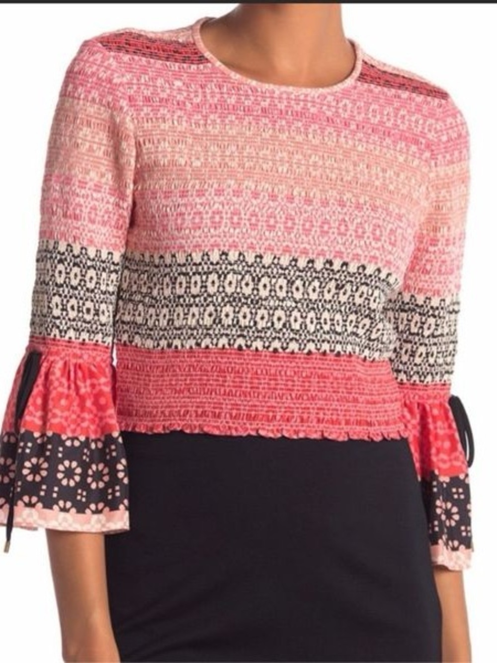 Derek Lam Pink Patterned Bell-Sleeve Silk Knit Top with Black Accents